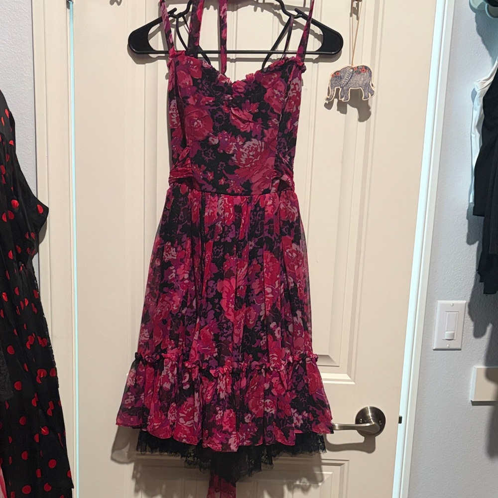 Retro Betsey Johnson silk Dress with Pink Floral Print & black slip